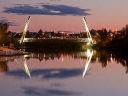 Aluminum footbridge over the Rivière aux Sables in downtown Jonquière