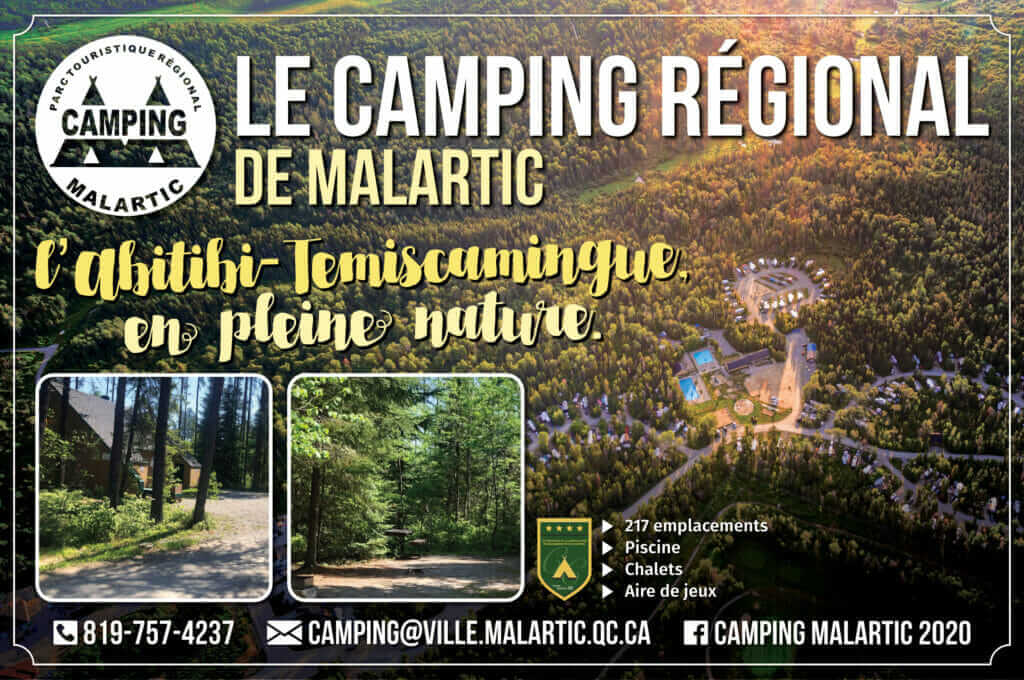 Publicité avec vue aérienne du camping Régional Malartic
