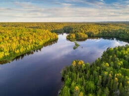 Aerial view of a lake and forest in Opémican National Park