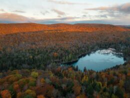 Vue aérienne du parc Kilkenny et d'un de ses lacs.
