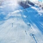 Aerial view of a Mont Cascades trail in winter