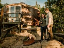 Couple near their yurt at the end of the day on the 3 Monts trail