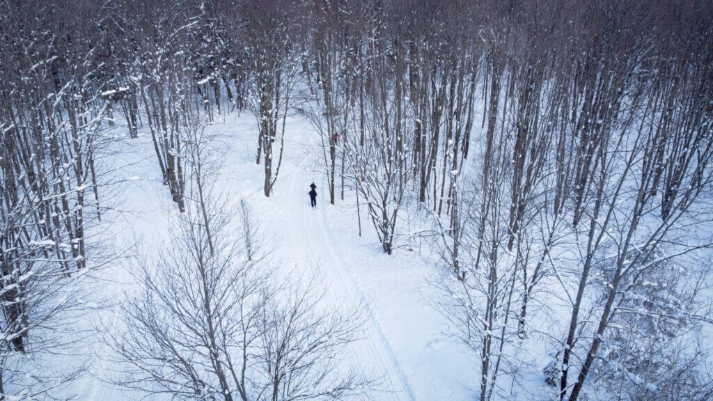 Aerial view of skiers on the Énergie CMB cross-country ski trails in Trois-Rivières