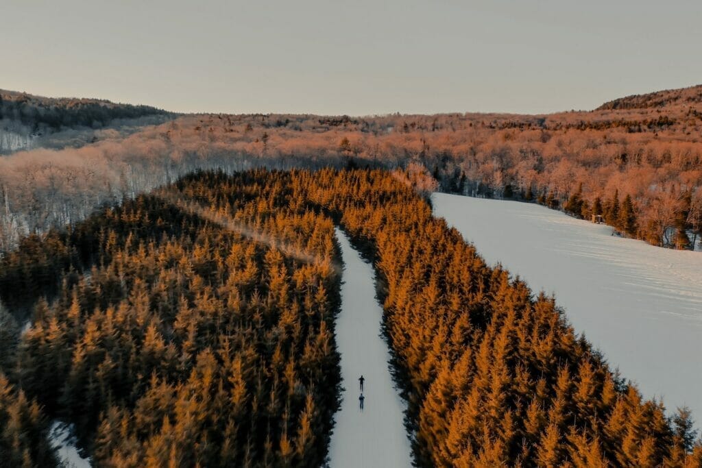 Aerial view of a skier and the cross-country ski trail at Les Portes de l'Enfer in Saint-Alban.