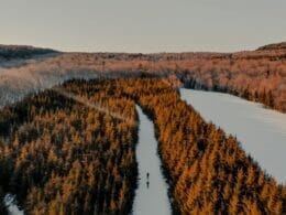 Vue aérienne d'un skieur et piste de ski de fond du centre Les Portes de l'Enfer à Saint-Alban