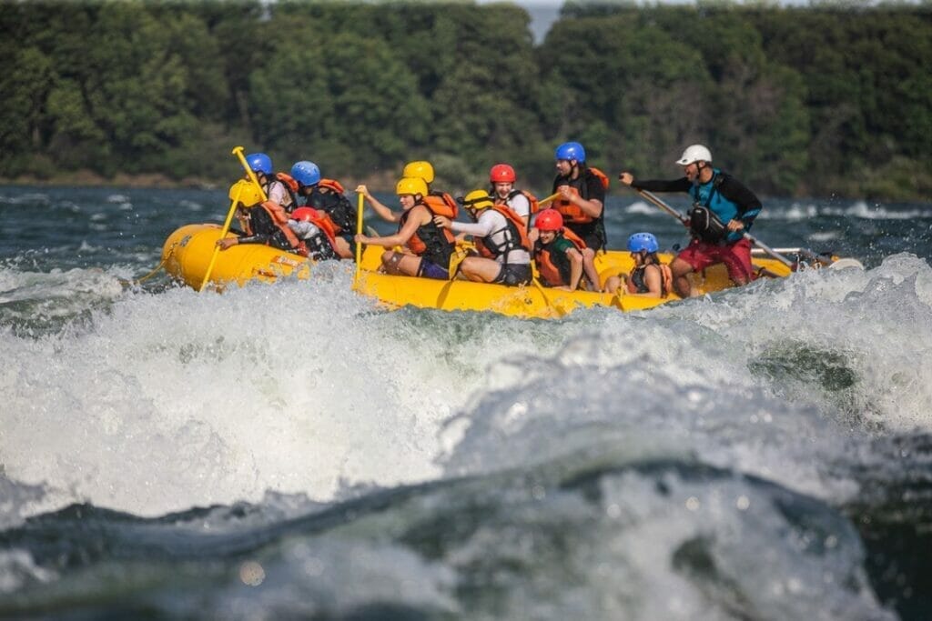 Rafting in the rapids with a view of the eddies