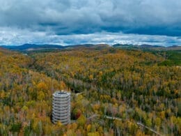 Aerial view of the Laurentian Peaks Trail and tower in autumn
